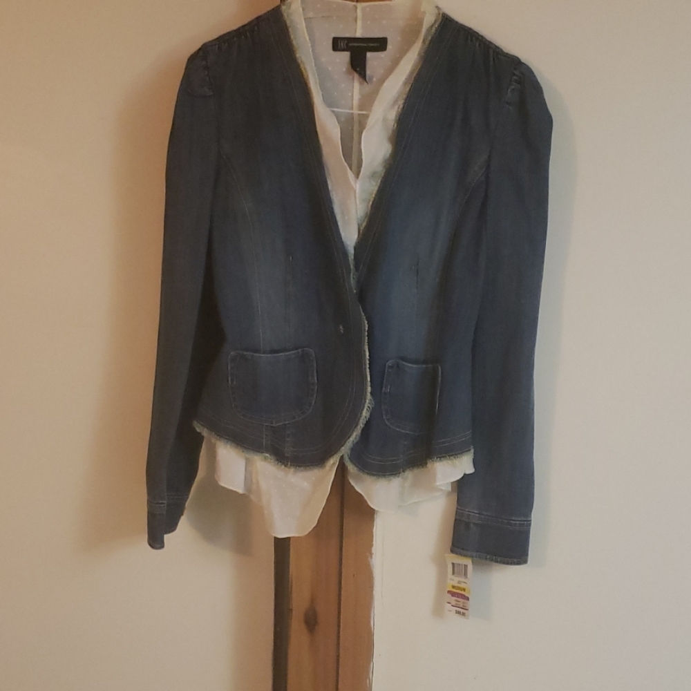 INC denim blazer with white inside layer